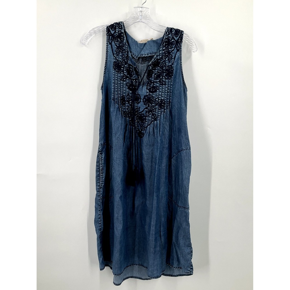 Soft Surroundings Dress Women XS Blue Floral Embroidery Pockets Tassels Denim